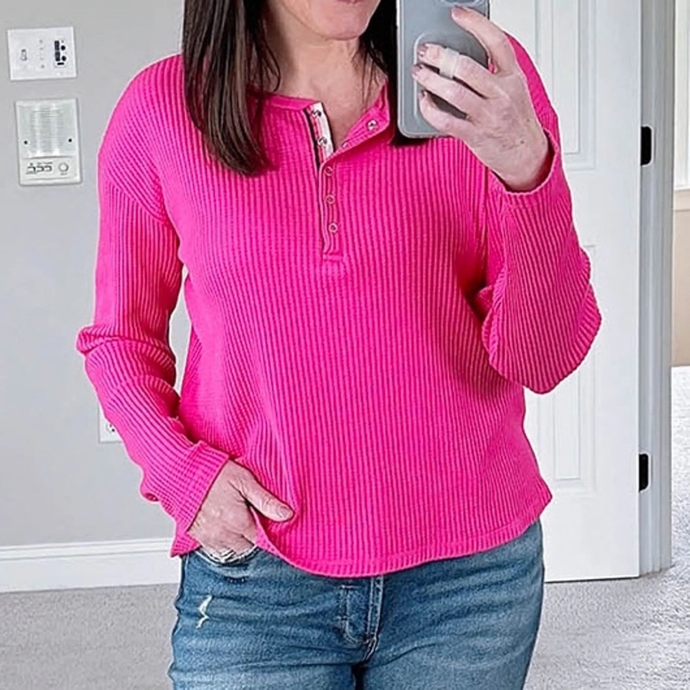 Sundry Waffle knit Long Sleeve Top - Bright Pink